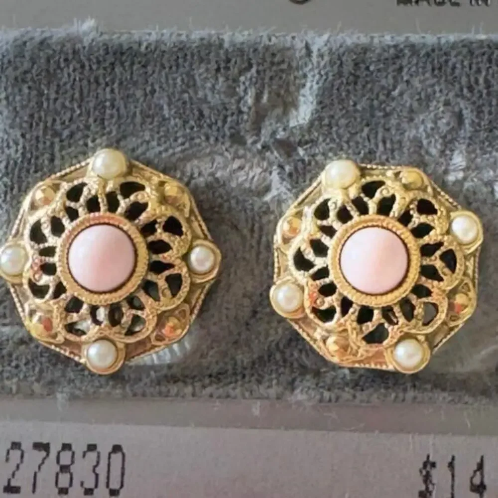 Vintage 1928 Edwardian Style Clip On Earrings Pink Cabochon Brushed Gold NWT